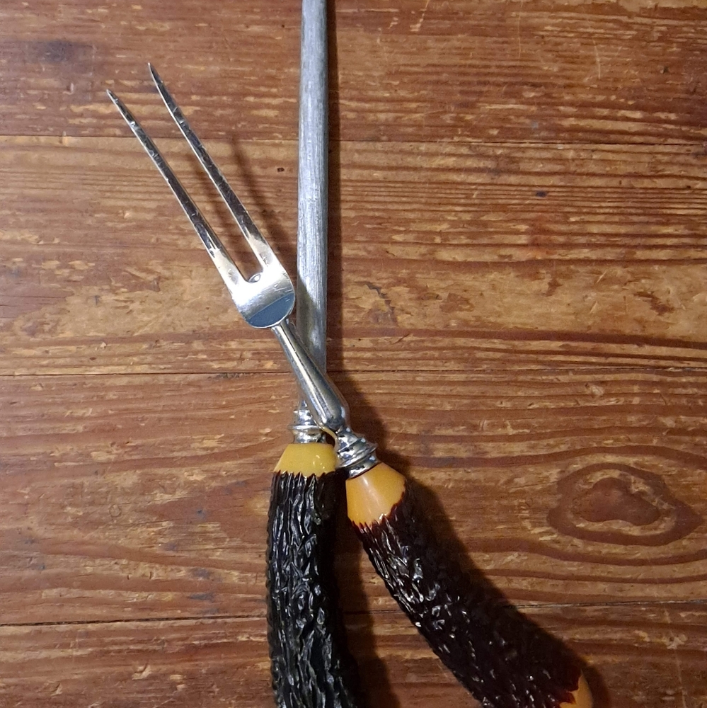 VINTAGE BAKELITE STEER HORN HANDLED STAINLESS STEEL CARVING FORK & SHARPENER 🥩